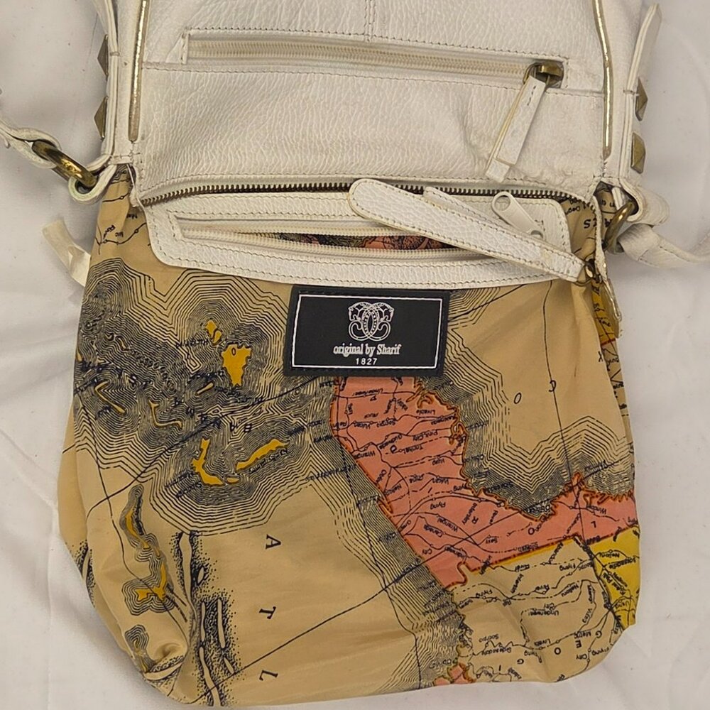 Rare Vintage Sharif 1980s White & Gold Leather Crossbody Bag Map Print Interior - Picture 10 of 15